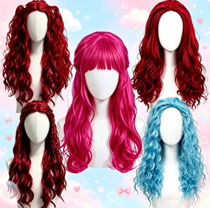 Women'S Red Accessories - 2026 Kırmızı Mavi Uzun Kıvırcık Sentetik